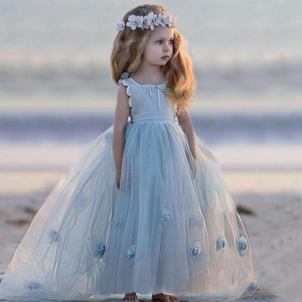 Blue Round Neck Ball Gown Tulle Sleeveless Flower Girl Dresses