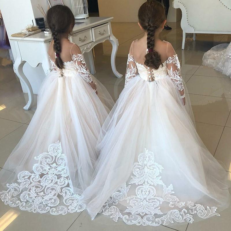 Princess A-Line Round Neck Tulle Long Sleeves Bowknot Flower Girl Dress with Appliques