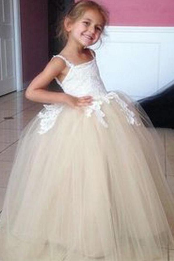 Tulle Applique Spaghetti Straps Backless Flower Girl Dresses Lovely Tutu Dresses