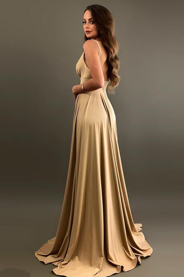 Elegant A Line Mermaid Deep V Neck Long Blue Backless Bridesmaid Dresses