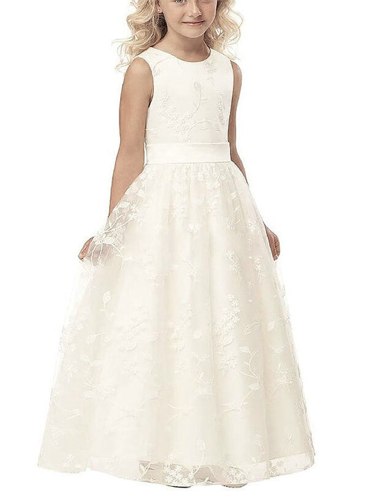 A-line/Princess Scoop Sleeveless Applique Tulle Floor-Length Flower Girl Dresses TPP0007740