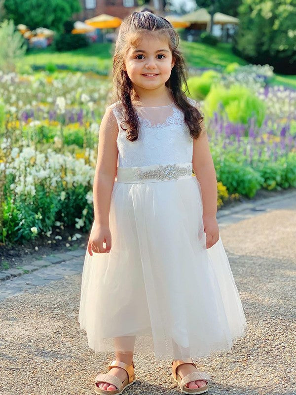 A-Line/Princess Tulle Lace Scoop Sleeveless Tea-Length Flower Girl Dresses TPP0007477