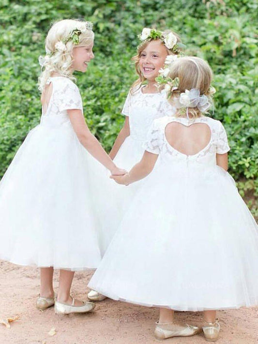 Ball Gown Short Sleeves Scoop Tea-Length Lace Tulle Flower Girl Dresses TPP0007762