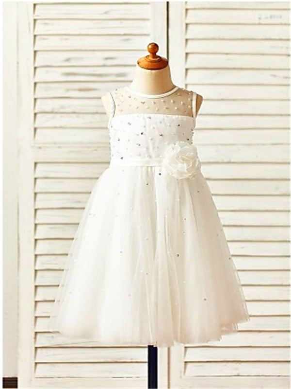 A-line/Princess Scoop Sleeveless Tea-Length Hand-made Flower Tulle Flower Girl Dresses TPP0007745