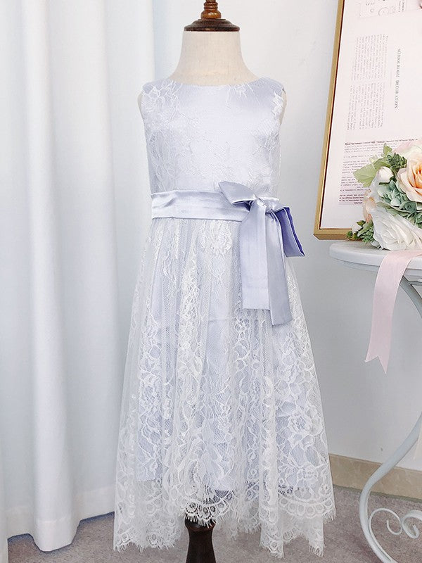 A-Line/Princess Lace Bowknot Scoop Sleeveless Tea-Length Flower Girl Dresses TPP0007934