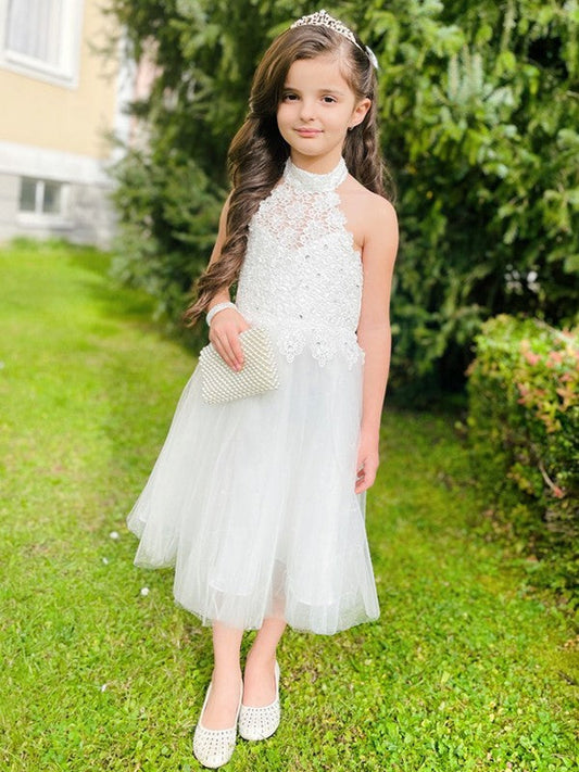 A-Line/Princess Tulle Lace Halter Sleeveless Knee-Length Flower Girl Dresses TPP0007550