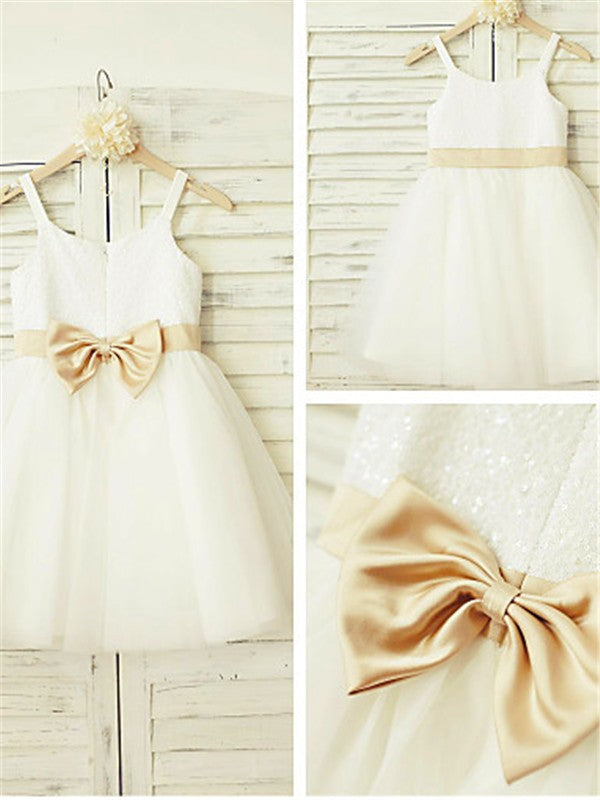 A-line/Princess Spaghetti Straps Sleeveless Bowknot Knee-Length Tulle Flower Girl Dresses TPP0007742