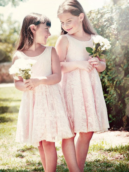 A-Line/Princess Sleeveless Scoop Knee-Length Ruffles Lace Flower Girl Dresses TPP0007591