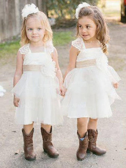 A-Line/Princess Sleeveless Square Knee-Length Sash/Ribbon/Belt Tulle Flower Girl Dresses TPP0007733