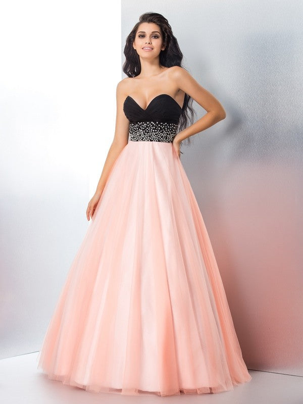 Ball Gown Sweetheart Beading Sleeveless Long Satin Quinceanera Dresses TPP0002798