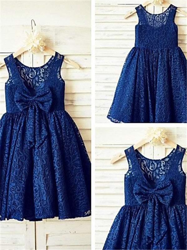 A-line/Princess Scoop Sleeveless Bowknot Tea-Length Lace Flower Girl Dresses TPP0007735