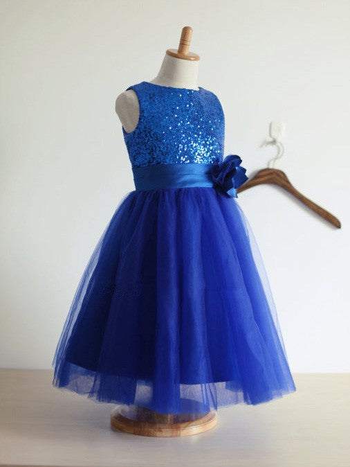 A-line/Princess Jewel Sleeveless Hand-Made Flower Tulle Long Dresses TPP0007568