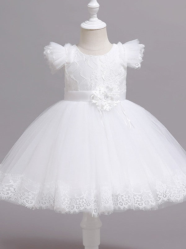 Ball Gown Tulle Applique Scoop Short Sleeves Tea-Length Flower Girl Dresses TPP0007512