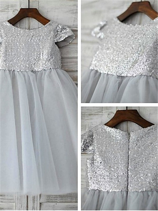 A-line/Princess Scoop Short Sleeves Sequin Tea-Length Tulle Flower Girl Dresses TPP0007765