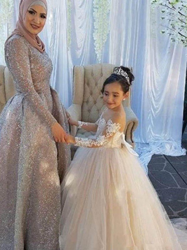 Ball Gown Long Sleeves Off-the-Shoulder Sweep/Brush Train Applique Tulle Flower Girl Dresses TPP0007572