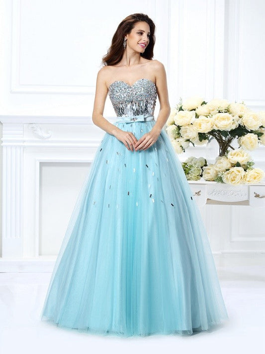 Ball Gown Sweetheart Beading Sleeveless Paillette Long Satin Quinceanera Dresses TPP0003239