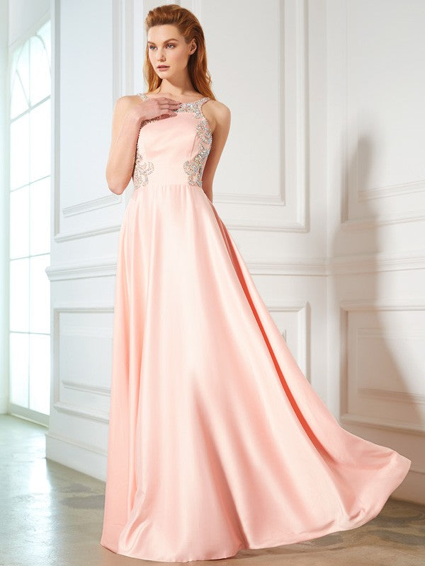 A-Line/Princess Scoop Beading Sleeveless Satin Floor-Length Dresses TPP0003698