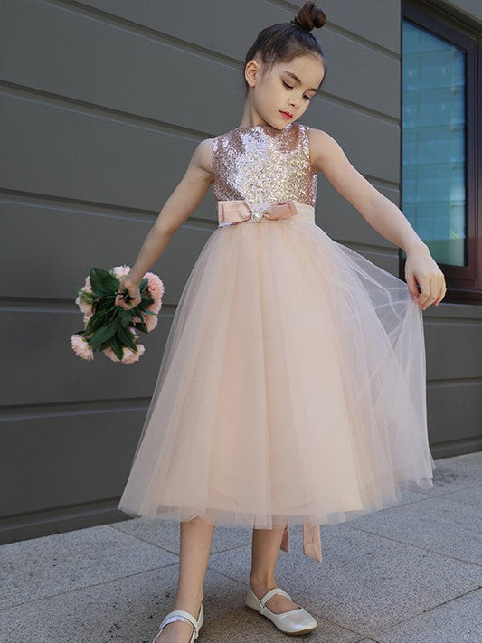 A-Line/Princess Tulle Bowknot Scoop Sleeveless Tea-Length Flower Girl Dresses TPP0007463