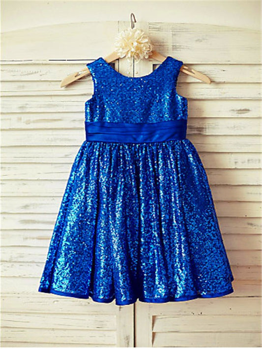 A-line/Princess Scoop Sleeveless Bowknot Tea-Length Sequins Flower Girl Dresses TPP0007759