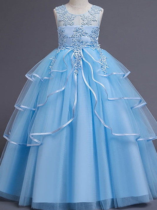 A-Line/Princess Tulle Applique Scoop Sleeveless Floor-Length Flower Girl Dresses TPP0007513