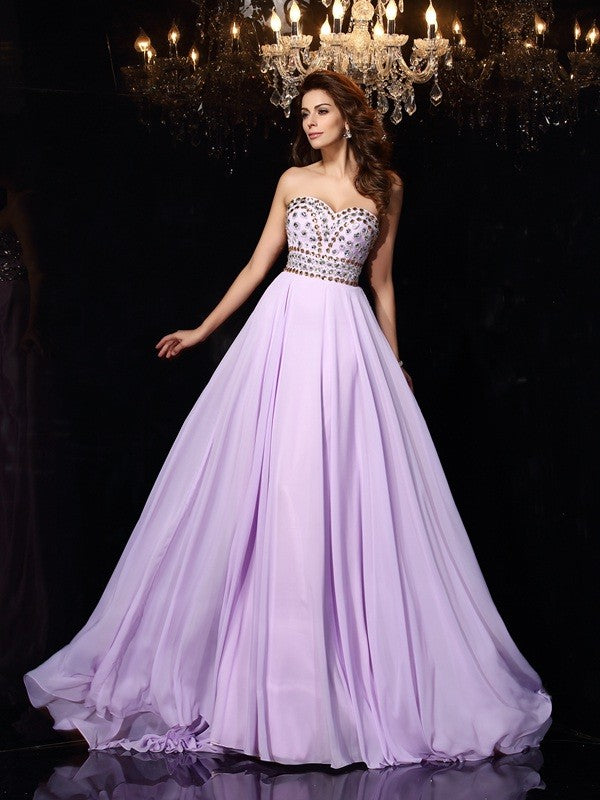 A-Line/Princess Sweetheart Beading Sleeveless Long Chiffon Dresses TPP0003432