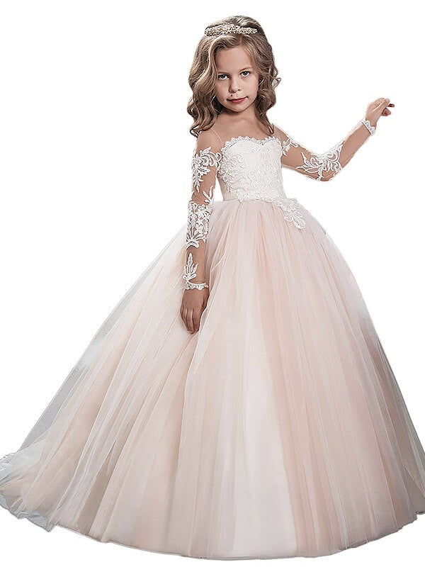 Ball Gown Scoop Long Sleeves Sweep/Brush Train Tulle Flower Girl Dresses TPP0007540