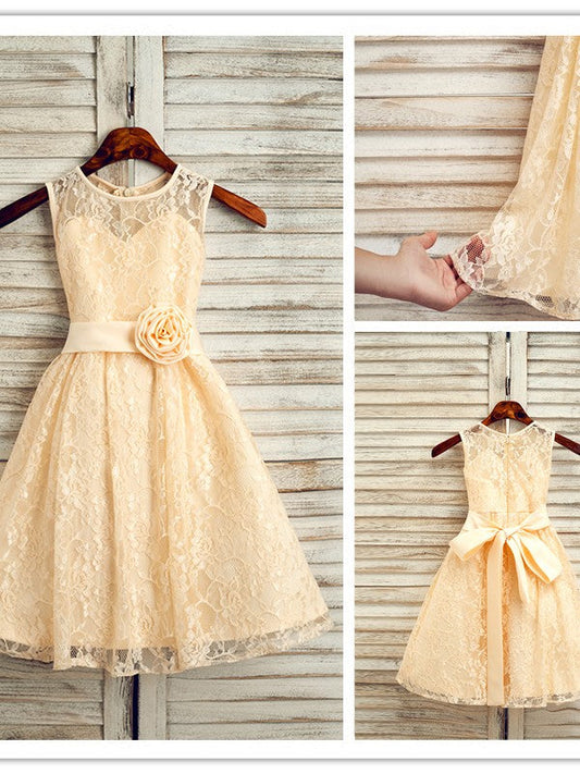 A-Line/Princess Lace Sash/Ribbon/Belt Scoop Sleeveless Tea-Length Flower Girl Dresses TPP0007520