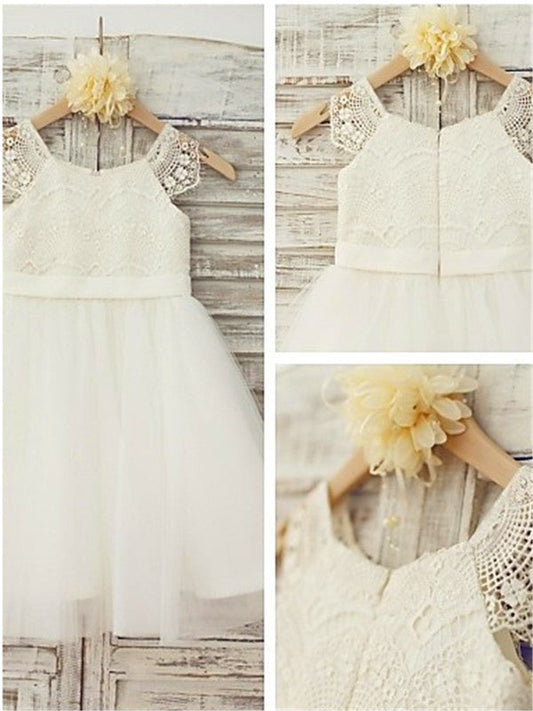 A-line/Princess Scoop Sleeveless Lace Knee-Length Tulle Flower Girl Dresses TPP0007585