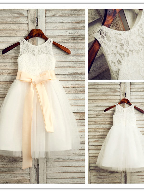 A-Line/Princess Tulle Sash/Ribbon/Belt Scoop Sleeveless Tea-Length Flower Girl Dresses TPP0007523