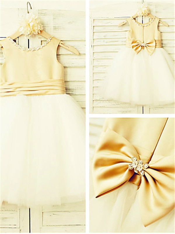 A-line/Princess Scoop Sleeveless Bowknot Tea-Length Tulle Flower Girl Dresses TPP0007712