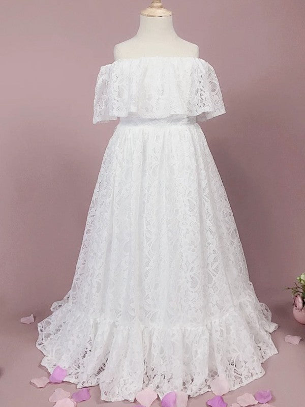 A-Line/Princess Lace Ruffles Off-the-Shoulder Sleeveless Floor-Length Flower Girl Dresses TPP0007503