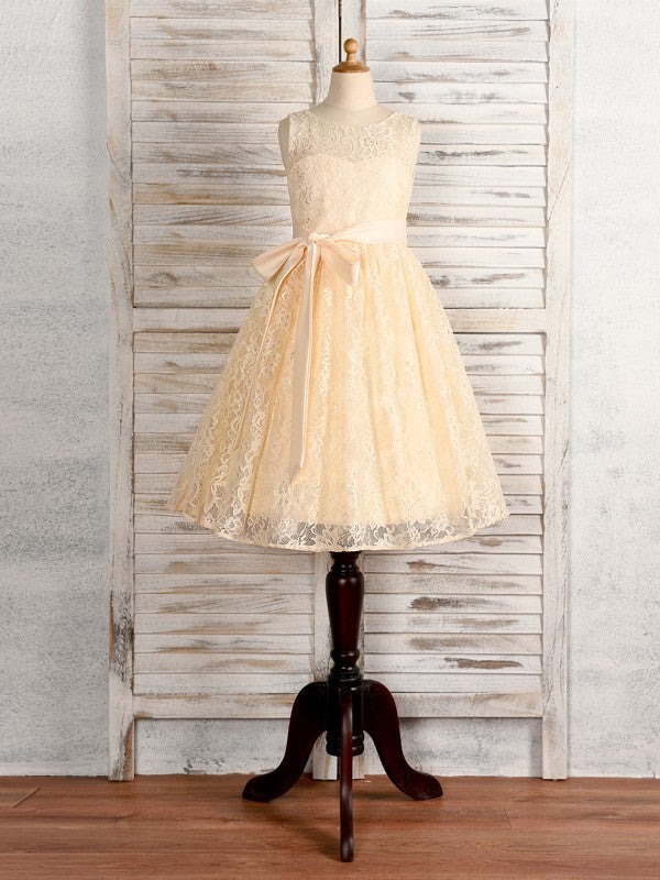 A-Line/Princess Lace Sash/Ribbon/Belt Scoop Sleeveless Tea-Length Flower Girl Dresses TPP0007526