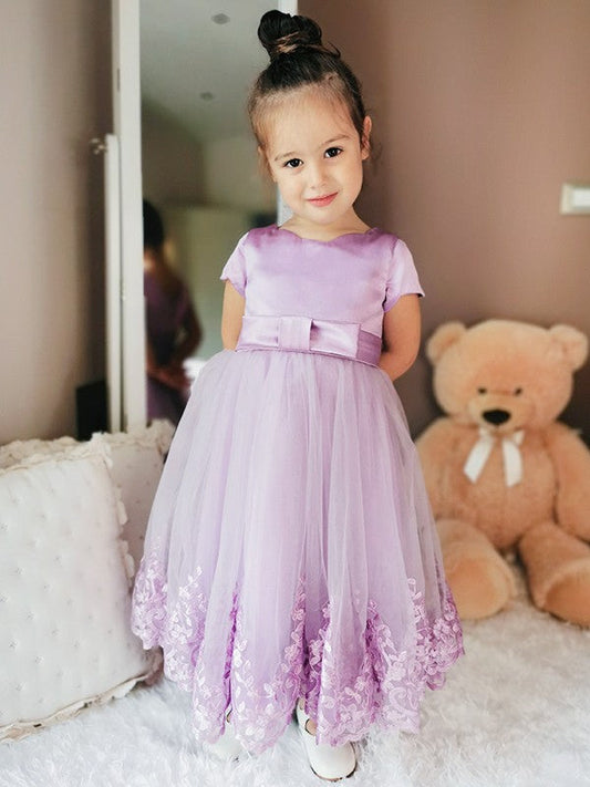 A-Line/Princess Tulle Lace Scoop Short Sleeves Ankle-Length Flower Girl Dresses TPP0007467