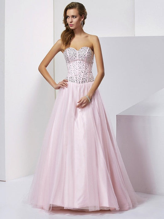 Ball Gown Sweetheart Sleeveless Beading Long Satin Quinceanera Dresses TPP0009126