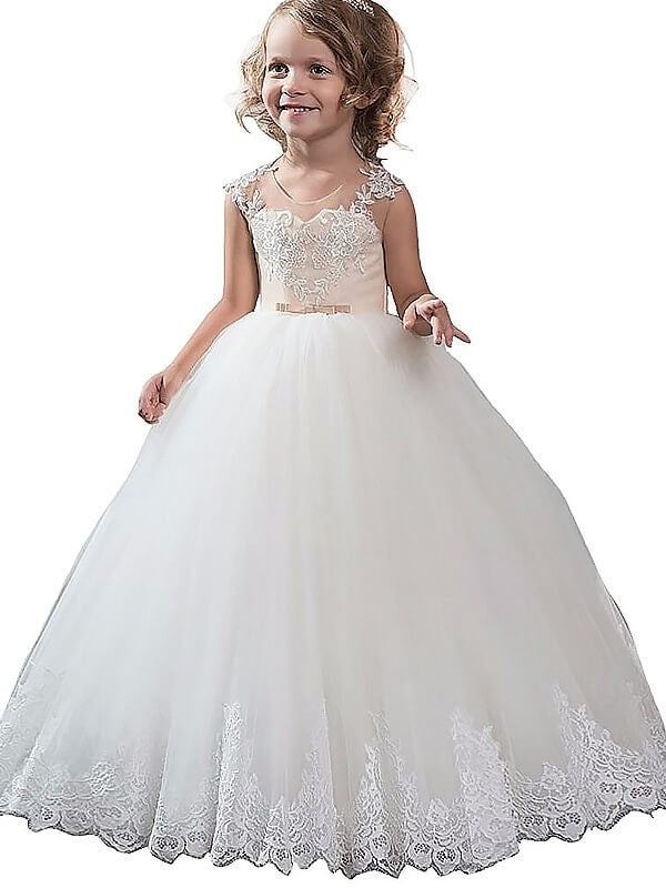 Ball Gown Scoop Sleeveless Applique Tulle Floor-Length Flower Girl Dresses TPP0007619