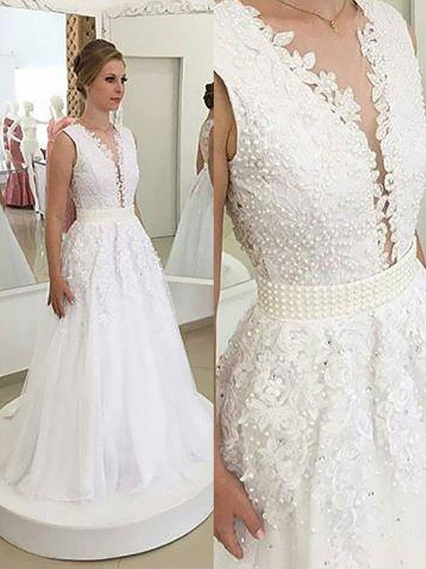 A-Line/Princess V-neck Applique Sleeveless Sweep/Brush Train Tulle Wedding Dresses TPP0006568