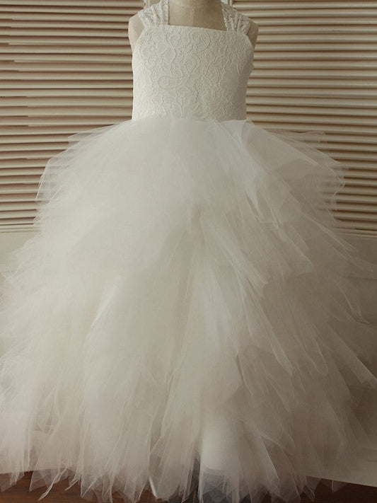 A-Line/Princess Ankle-Length Straps Lace Sleeveless Tulle Flower Girl Dresses TPP0007555