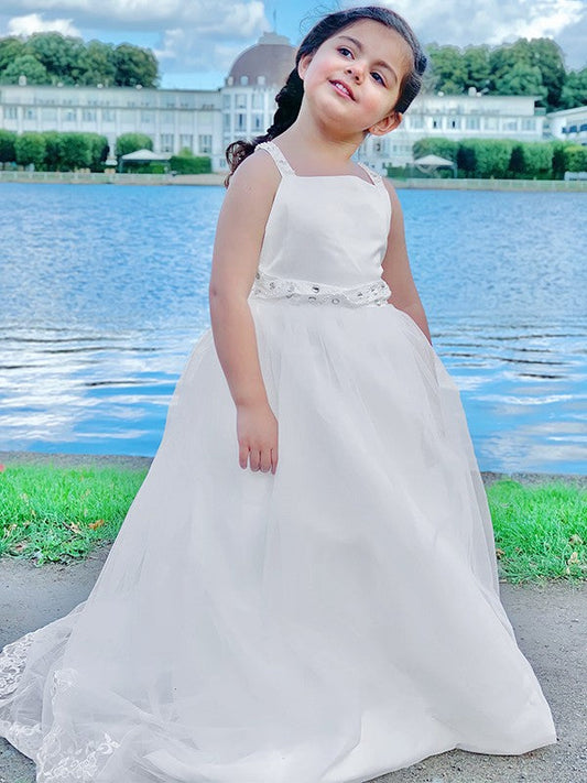 A-Line/Princess Tulle Beading Spaghetti Straps Sleeveless Sweep/Brush Train Flower Girl Dresses TPP0007492