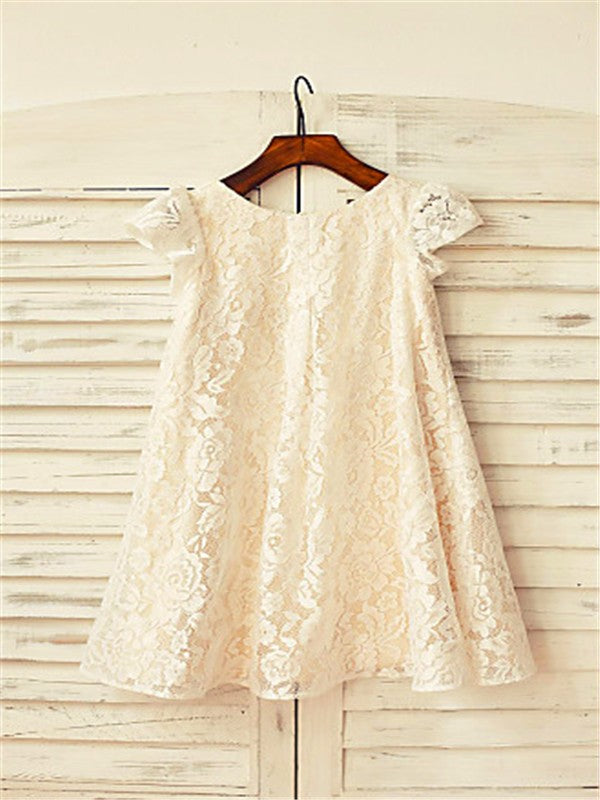 A-line/Princess Scoop Short Sleeves Tea-Length Lace Flower Girl Dresses TPP0007725