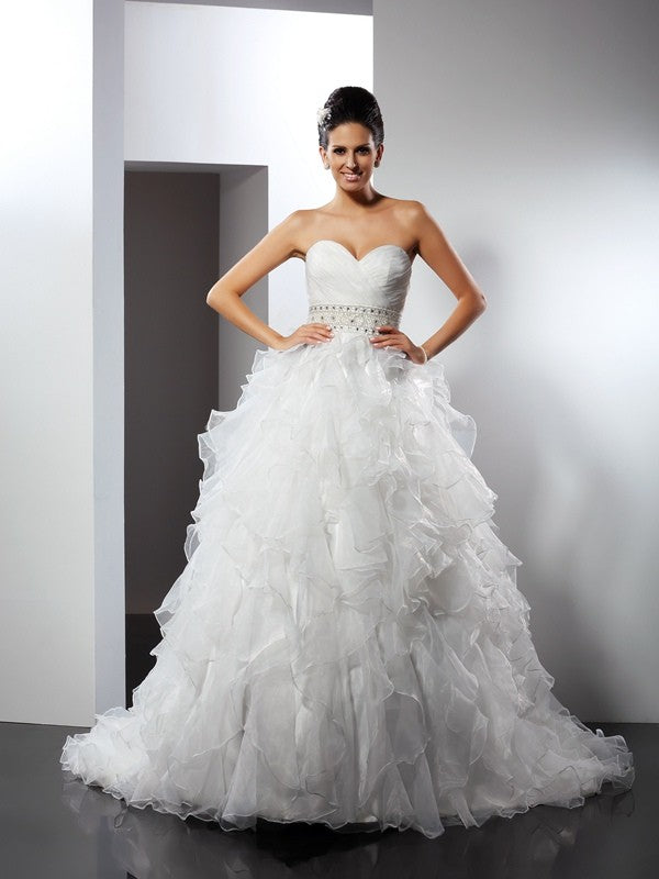 Ball Gown Sweetheart Ruffles Sleeveless Long Organza Wedding Dresses TPP0006647