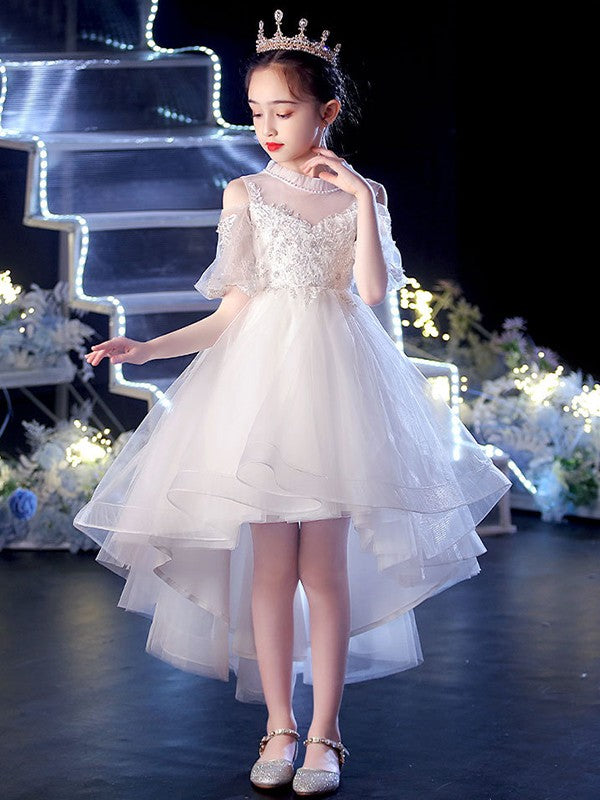 A-Line/Princess Tulle Applique Scoop Short Sleeves Asymmetrical Flower Girl Dresses TPP0007509