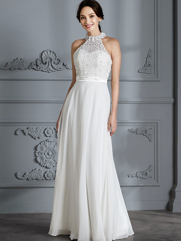 A-Line/Princess Scoop Sleeveless Floor-Length Chiffon Wedding Dresses TPP0006361