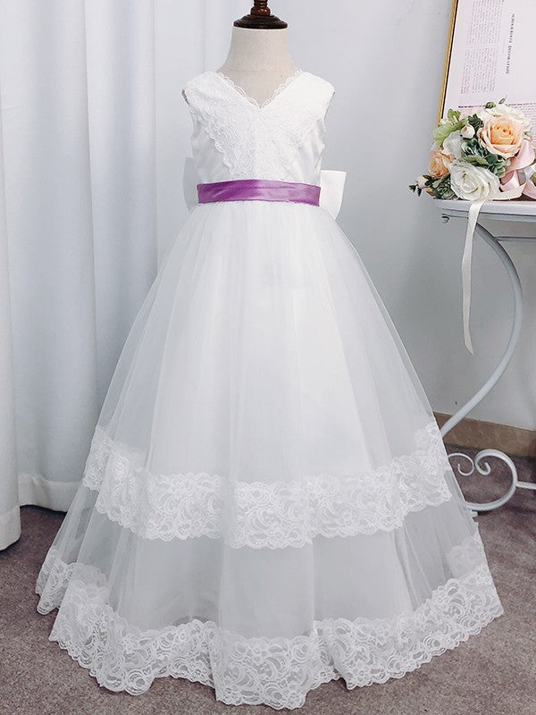 A-Line/Princess Tulle Lace V-neck Sleeveless Floor-Length Flower Girl Dresses TPP0007936