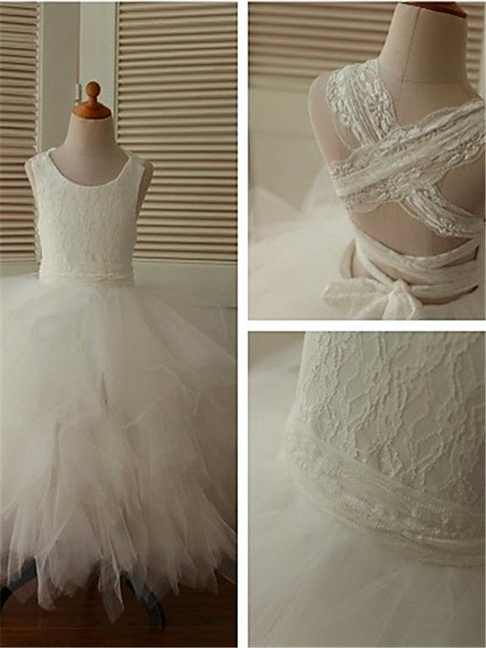 Ball Gown Scoop Sleeveless Lace Ankle-Length Tulle Flower Girl Dresses TPP0007484