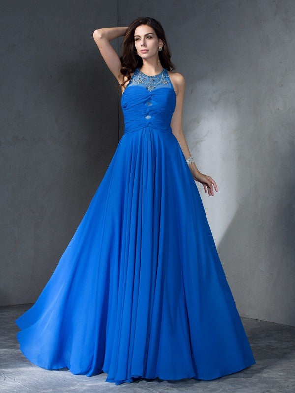 A-Line/Princess Scoop Beading Sleeveless Long Chiffon Dresses TPP0003497