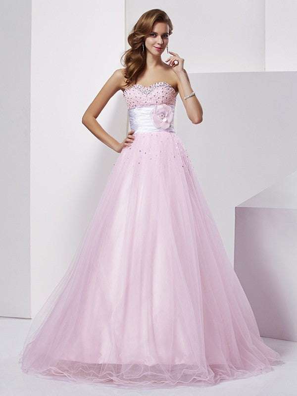 Ball Gown Strapless Sleeveless Beading Long Elastic Woven Satin Quinceanera Dresses TPP0009115