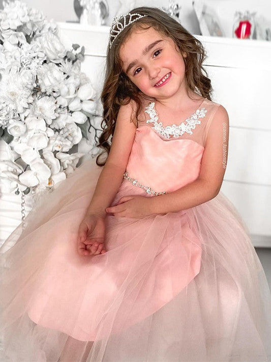 A-Line/Princess Tulle Beading Scoop Sleeveless Tea-Length Flower Girl Dresses TPP0007469