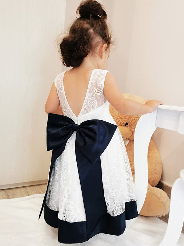 A-Line/Princess Lace Bowknot Scoop Sleeveless Ankle-Length Flower Girl Dresses TPP0007548