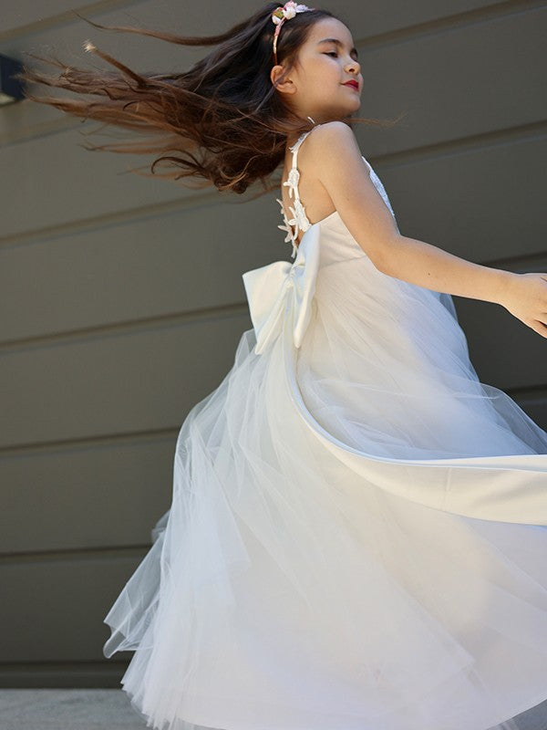 A-Line/Princess Tulle Bowknot Sweetheart Sleeveless Floor-Length Flower Girl Dresses TPP0007458