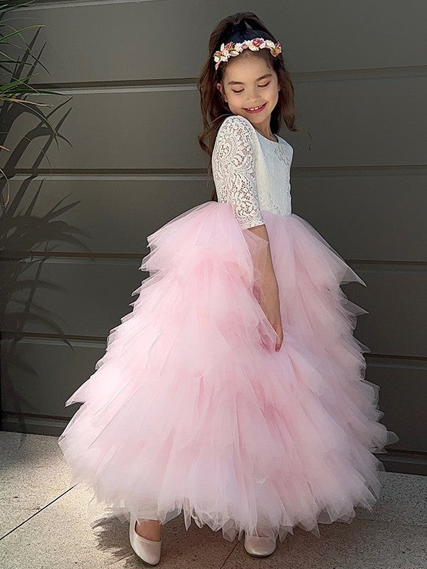 A-Line/Princess Tulle Lace Scoop 3/4 Sleeves Ankle-Length Flower Girl Dresses TPP0007497